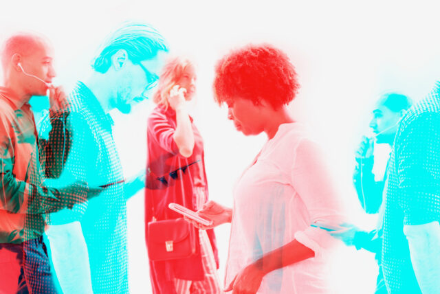 People using digital devices smart technology in double color ex